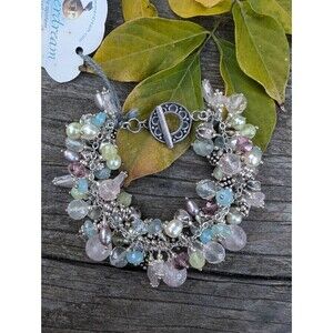 Vintage Sterling Silver Gemstone & Pearl Bracelet, Romantic Gift, Beachy Jewelry